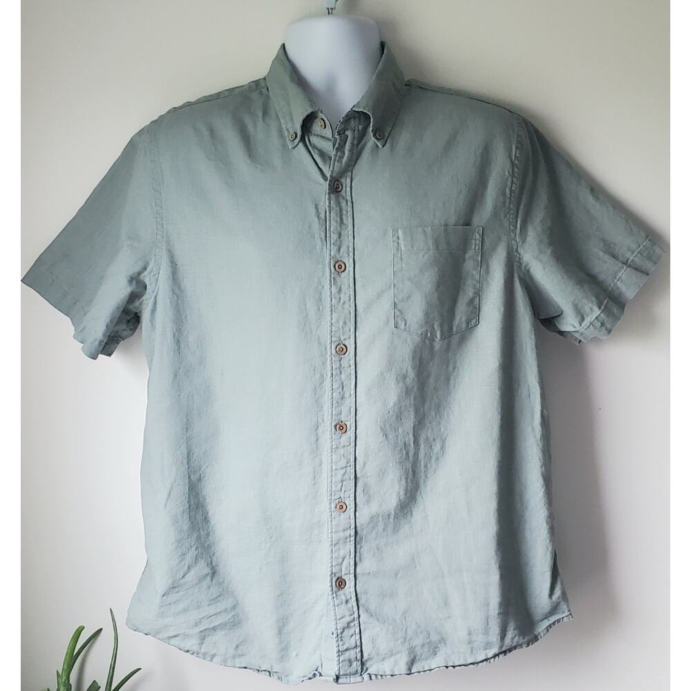 Vintage Tailor Mens Green Linen Button Down Short Sleeve Shirt Size Large Beach
